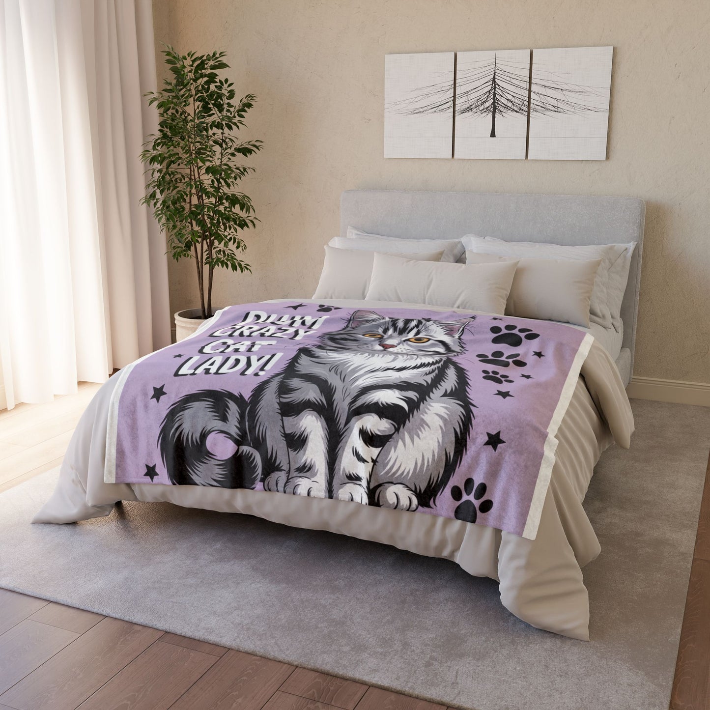 Plum Crazy Cat Lady Blanket — Cute Purple Cat Throw for Cat Lovers 50x60