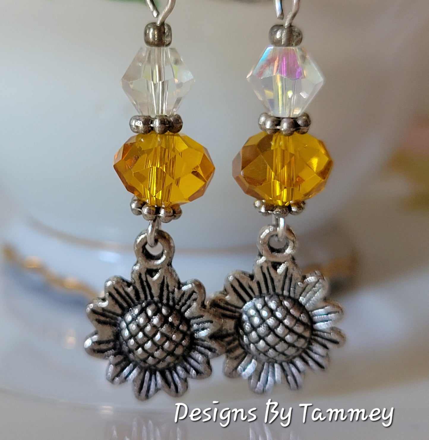 Sunflower Crystal Long Dangle/Drop Earrings OOAK