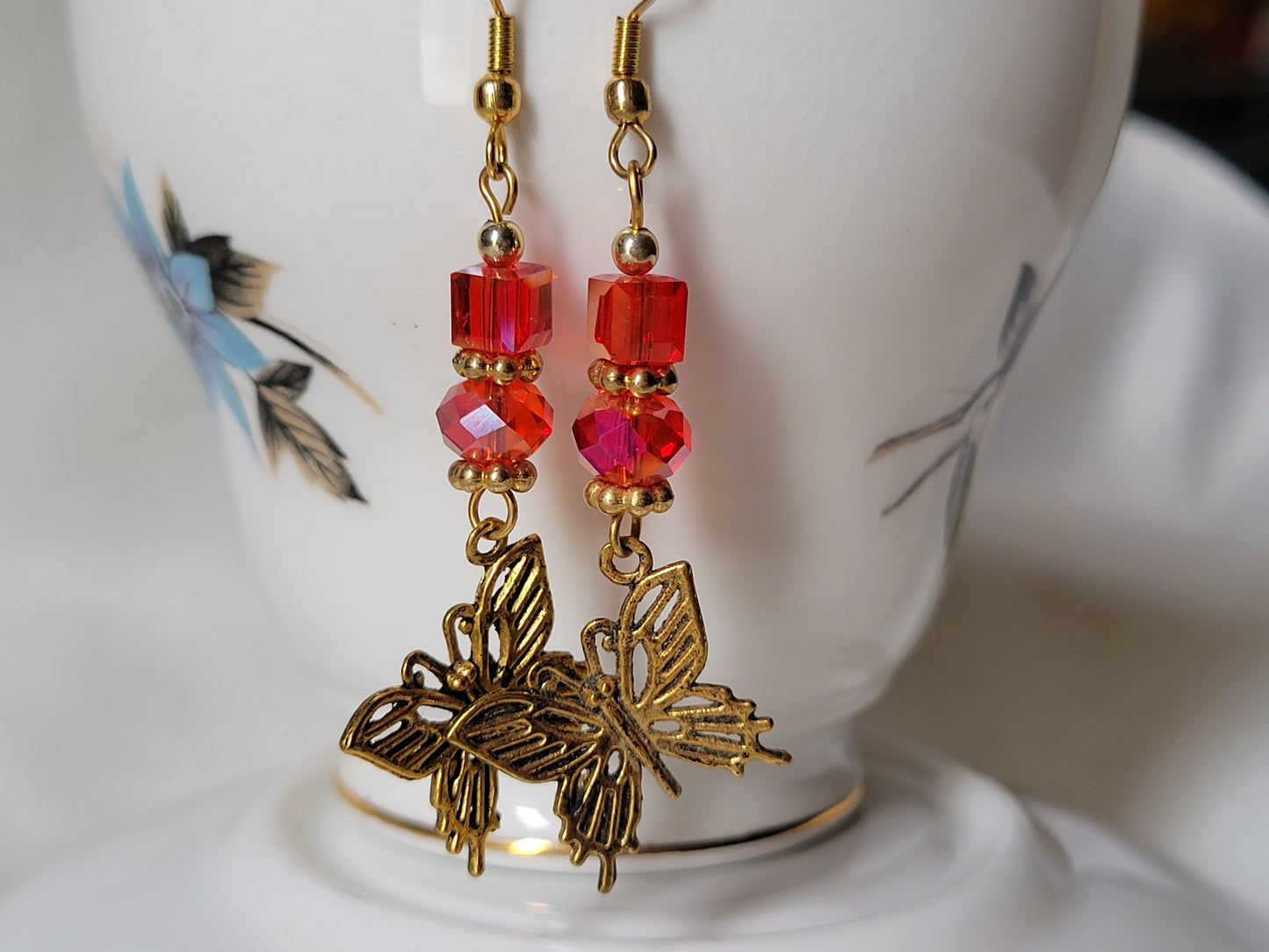 Red Crystal & Butterfly Dangle Goldtone Earrings