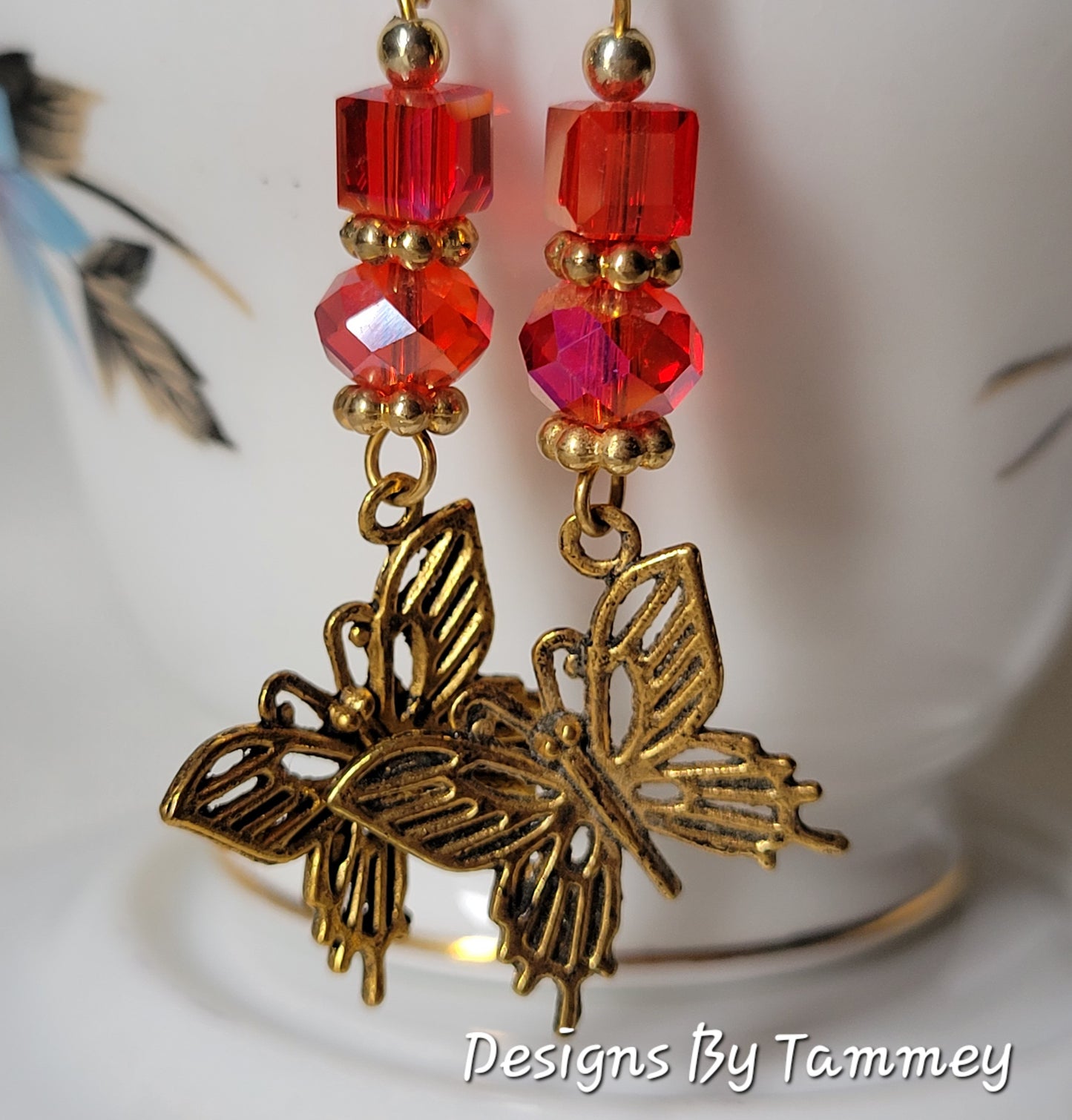Red Crystal & Butterfly Dangle Goldtone Earrings