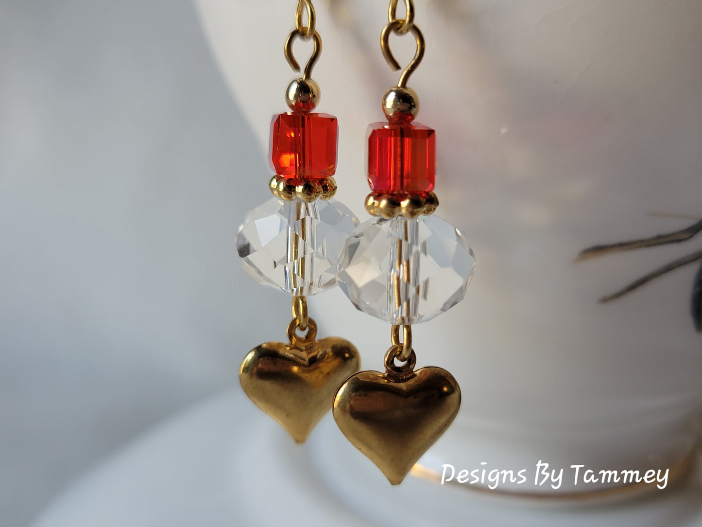 Red & Clear Crystal Gold Tone HEART Long Dangle Drop Earrings