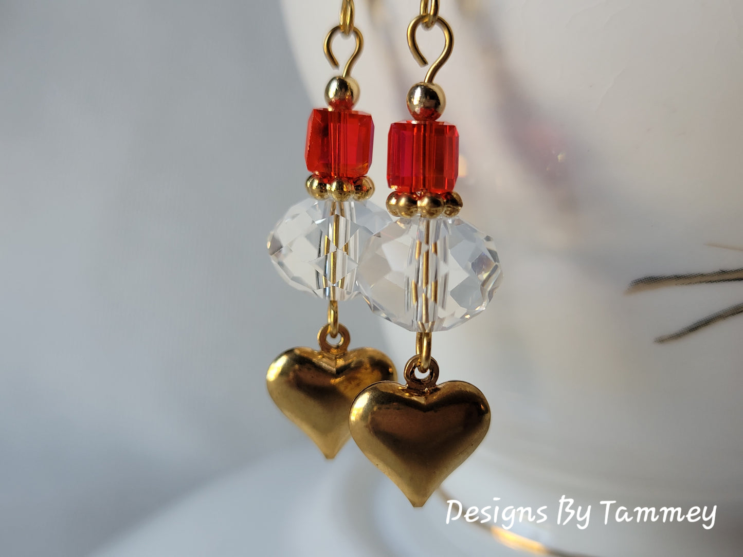 Red & Clear Crystal Gold Tone HEART Long Dangle Drop Earrings