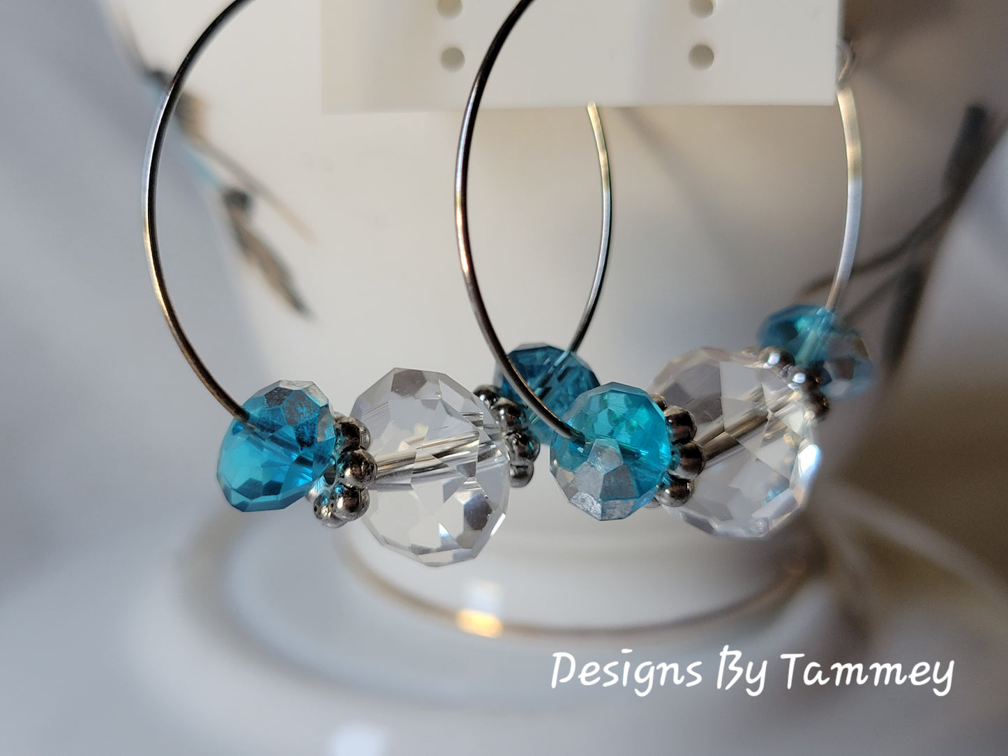Turquoise & Clear Crystal Beaded Silver Tone Hoop Earrings