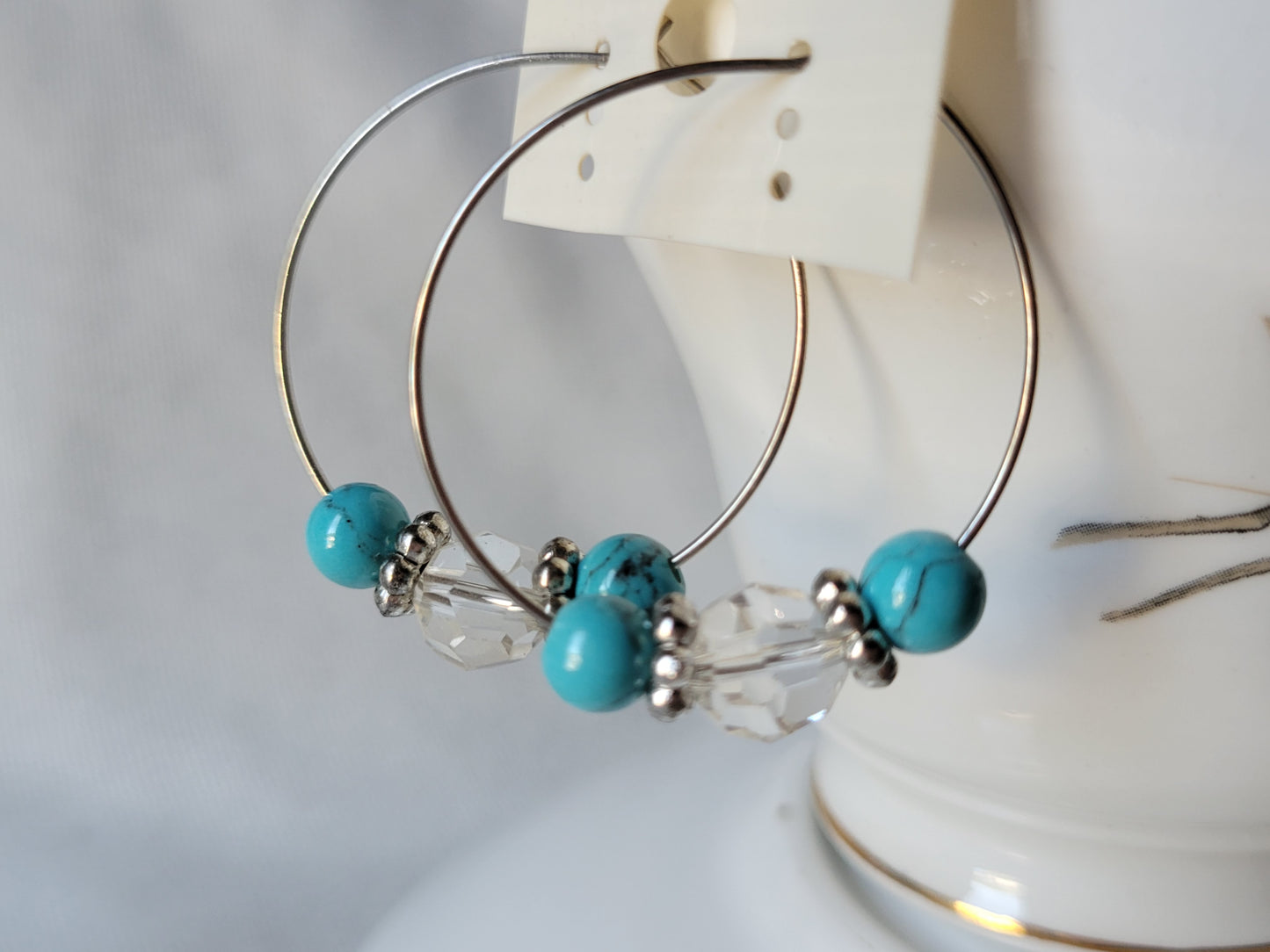 Turquoise & Crystal Silver Tone Fashion Hoop Earrings