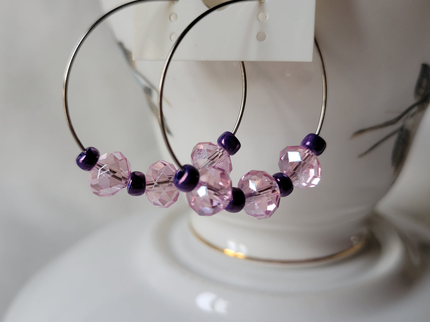 Pink Crystal & Purple Beaded Hoop Fashion Earrings
