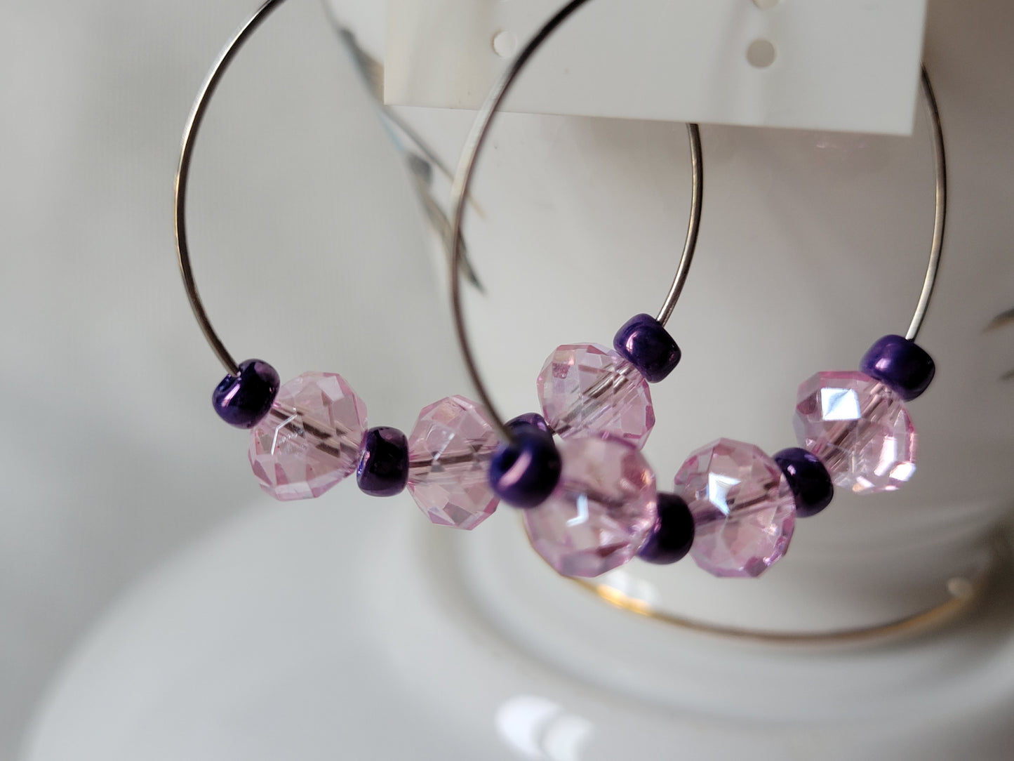 Pink Crystal & Purple Beaded Hoop Fashion Earrings