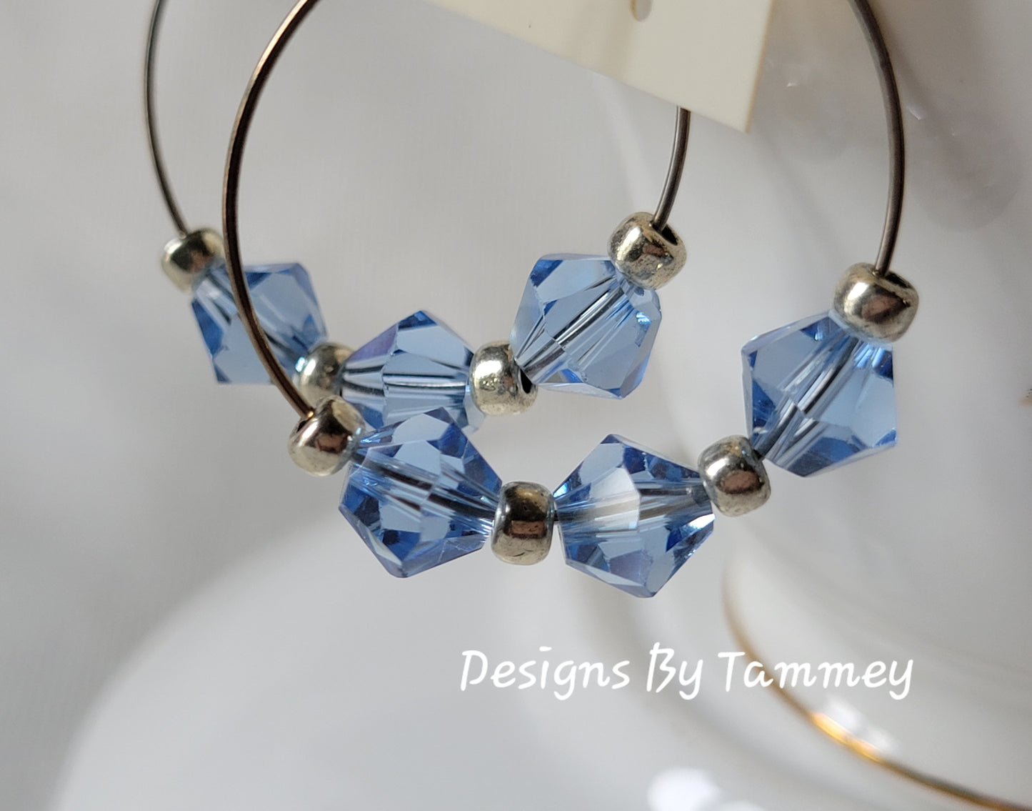 Light Blue Crystal Silver Tone Hoop Beaded Fashion Earrings