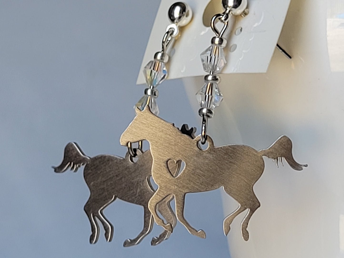 Horse Earrings Horse Heart Crystal POST Dangle Drop Earrings