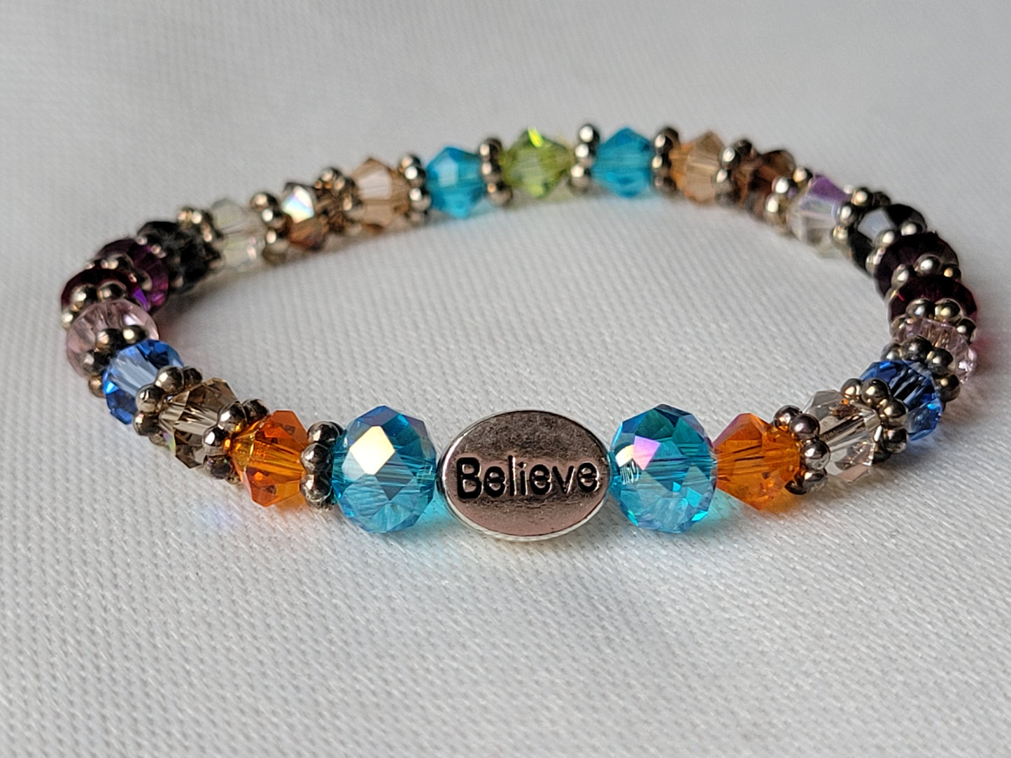 Crystal Multi Color Gemstone BELIEVE Inspirational Beaded Bracelet "Stretchy"