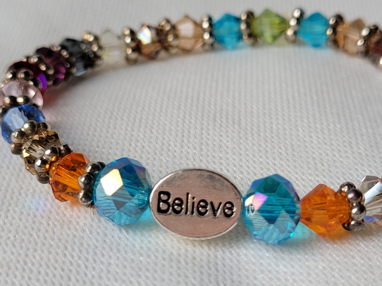 Crystal Multi Color Gemstone BELIEVE Inspirational Beaded Bracelet "Stretchy"