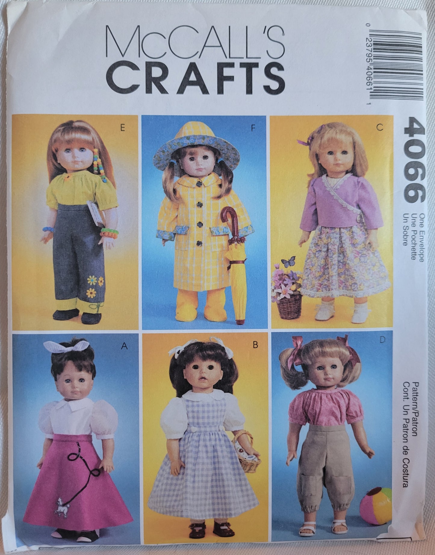 McCalls #4066 Doll Sewing Pattern 18 inch Doll Clothes Dorothy Dress, Poodle Skirt etc