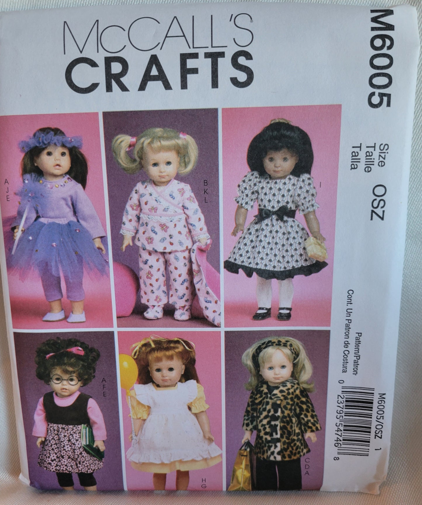 McCalls #M6005 Doll Sewing Pattern 18 inch Doll Clothes Jumper, Coat, Pj's, Pinafore, Pants