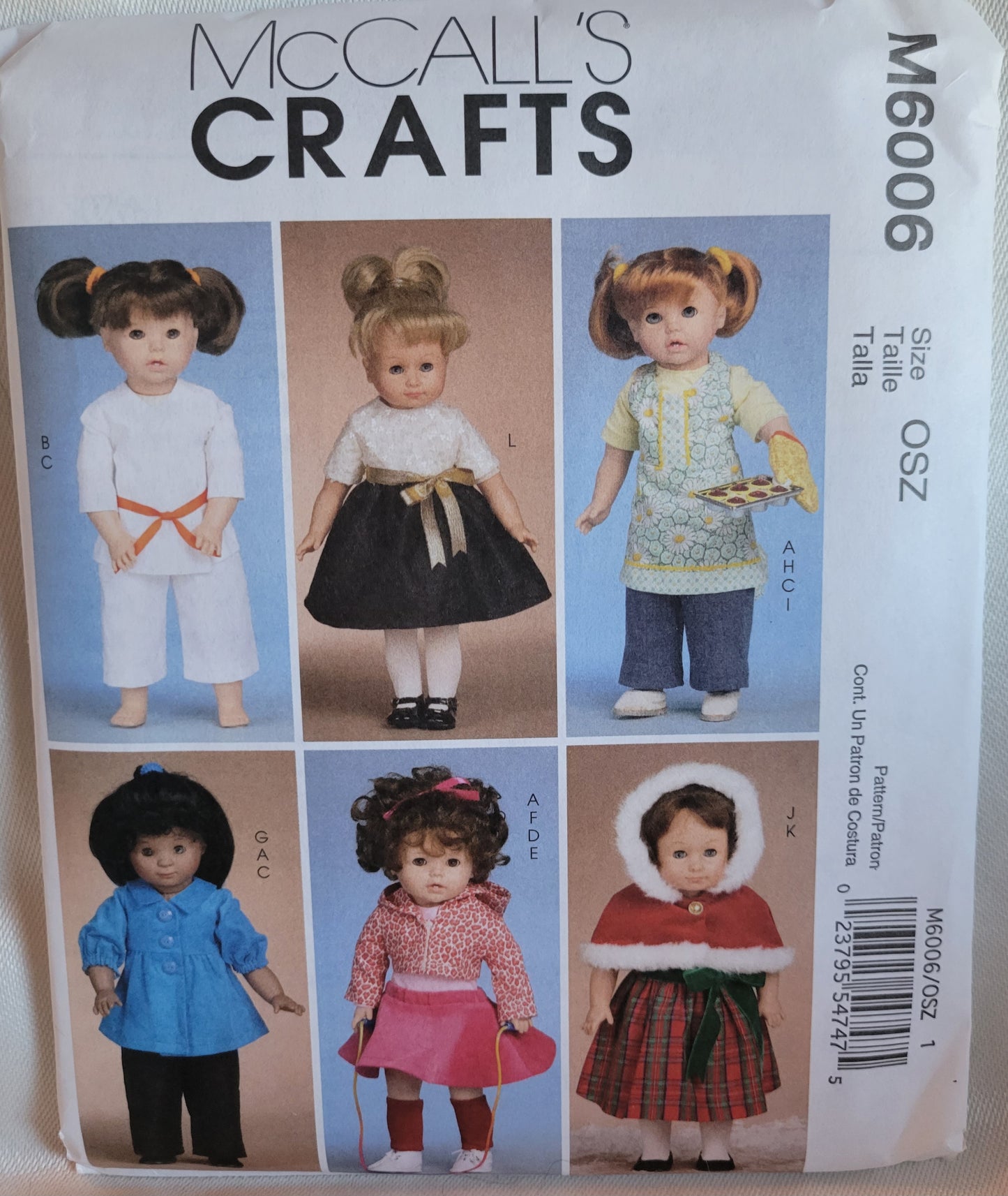 McCalls #M6006 Doll Sewing Pattern 18 inch Doll Clothes Skirt, Dress, Apron, Jacket etc