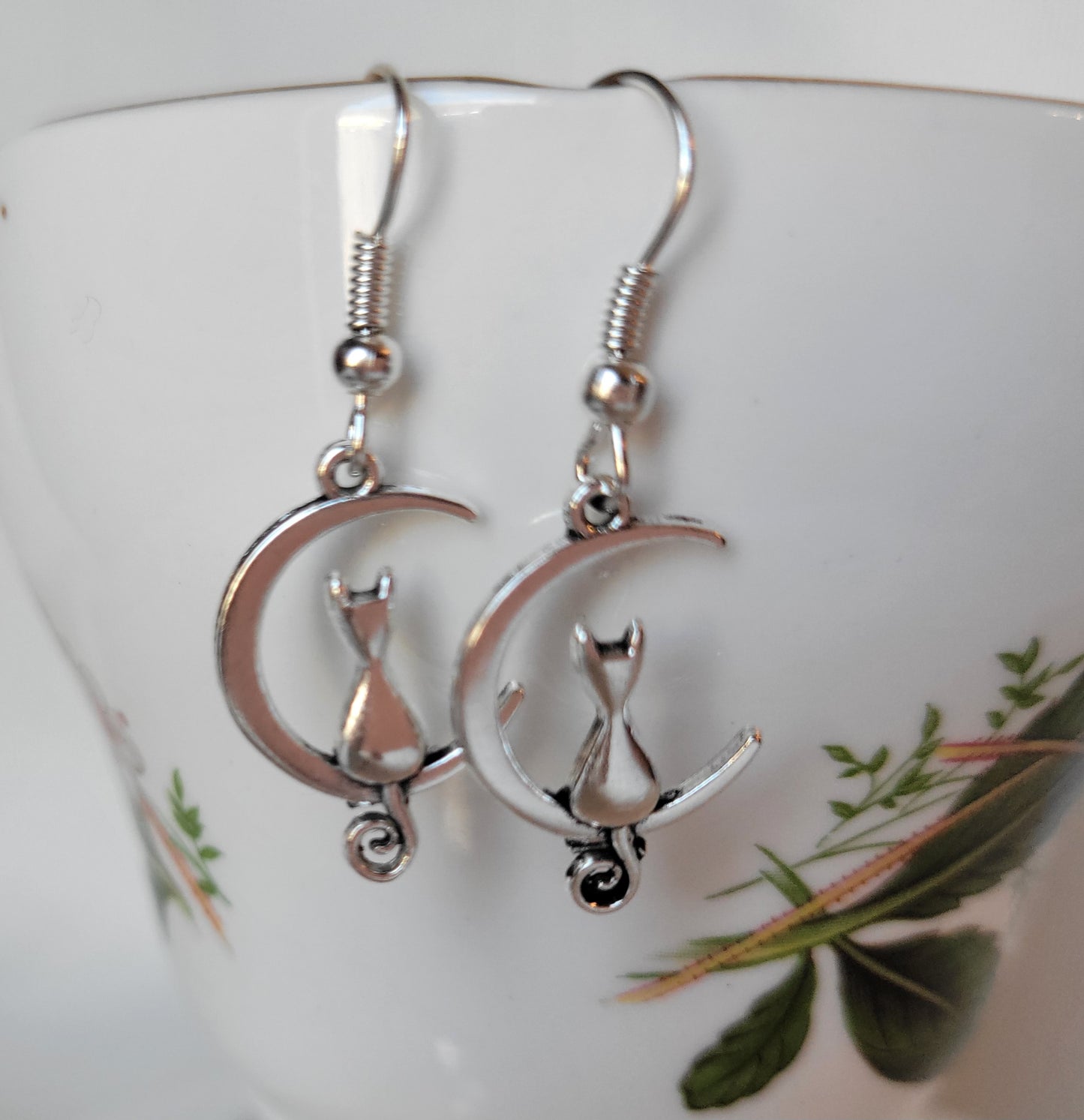 Cat and Crescent Moon Dangle Drop Earrings