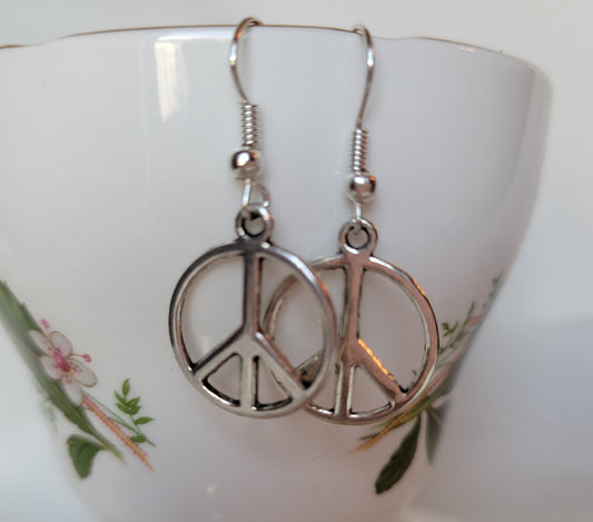 Peace Sign Silver Tone Dangle/Drop Earrings