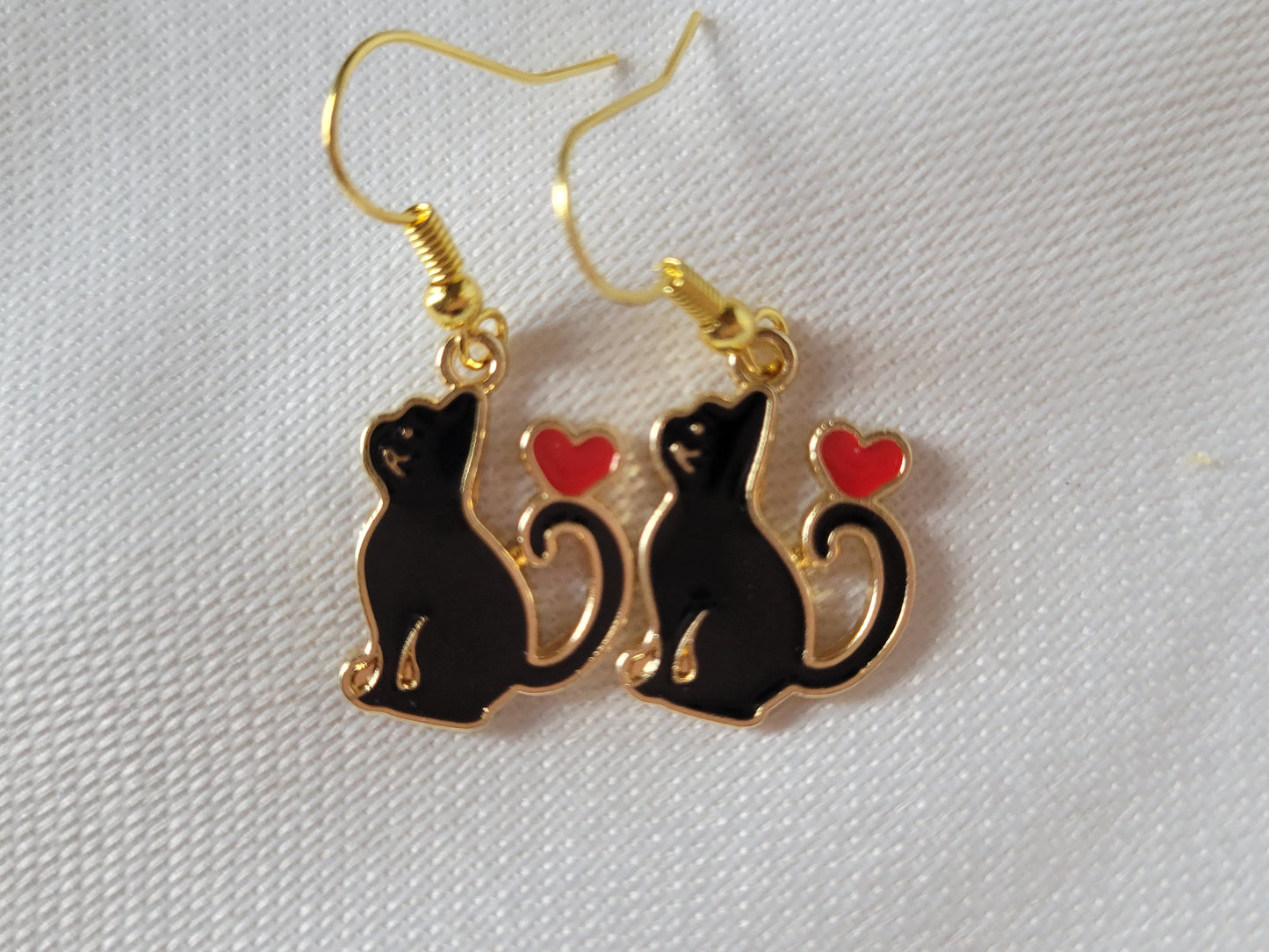 Black Cat with Heart Dangle Drop Earrings