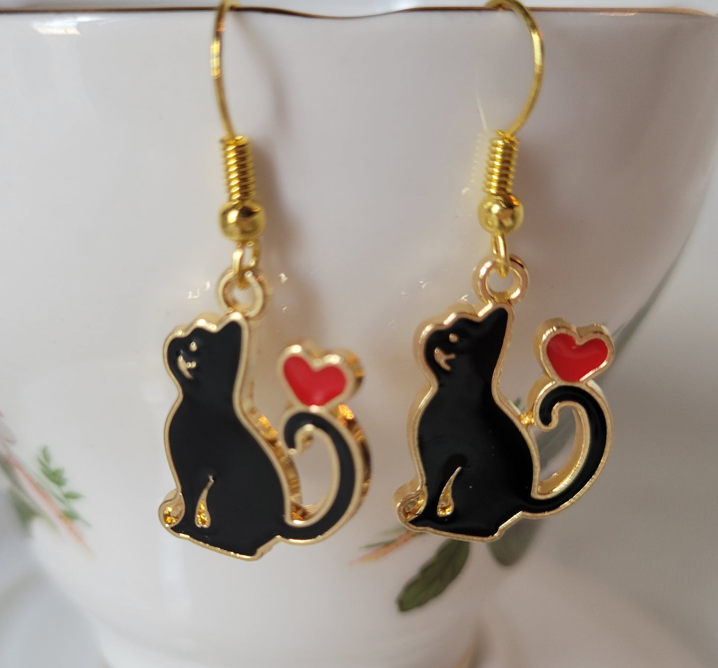 Black Cat with Heart Dangle Drop Earrings