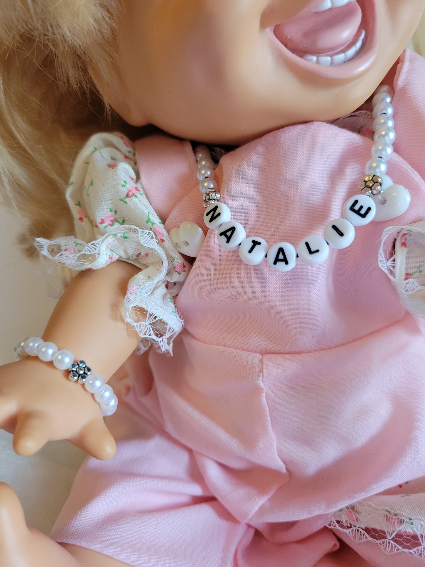 Doll PEARL NAME NECKLACE SET fits Galoob BABY FACE Dolls (Any NAME)