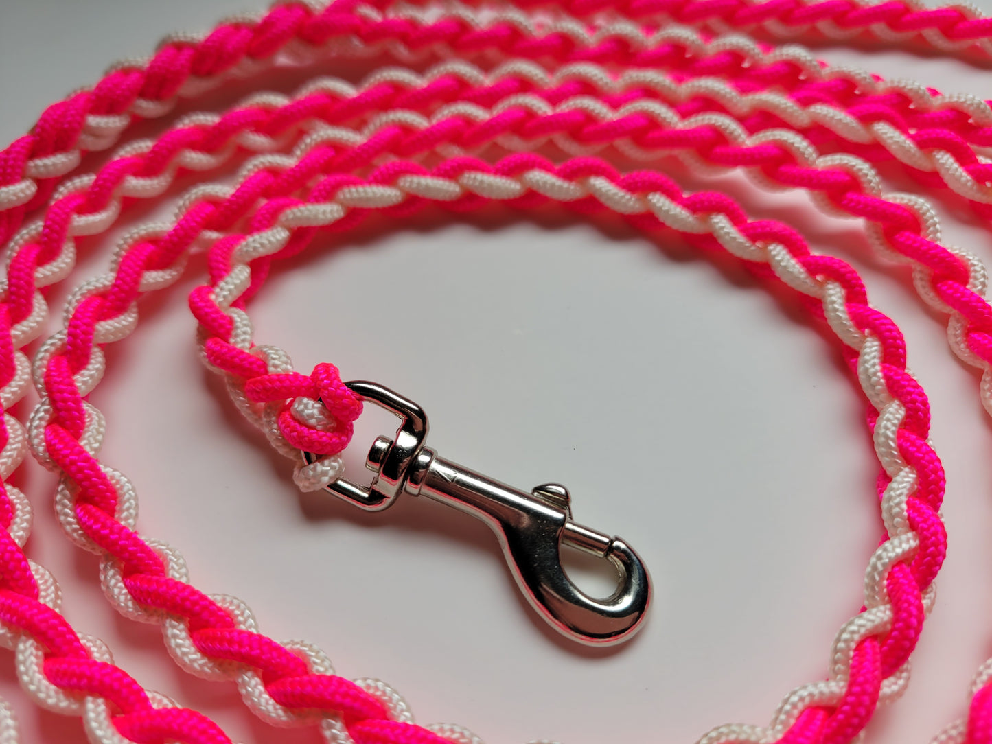 Paracord Braided Dog Leash Lead 5 1/2 ft (Bright Pink & White) Sm or Med Dog Training Walking