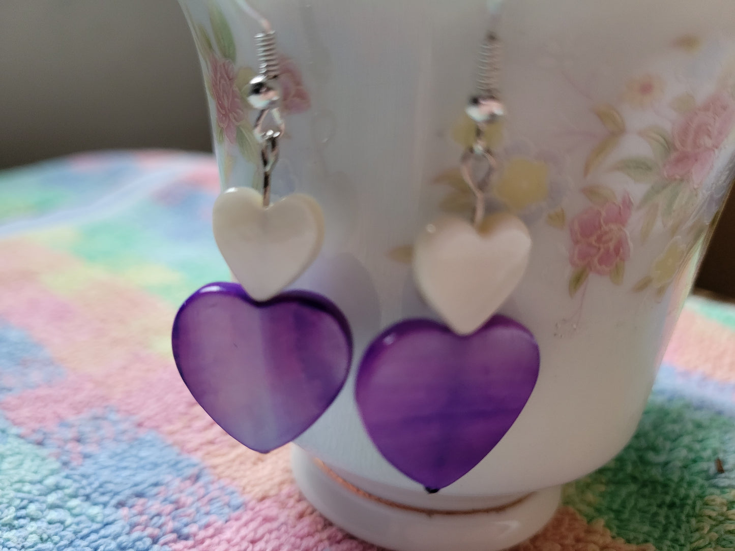 Artisan Purple And White HEART Dangle Drop Earrings OOAK 💜