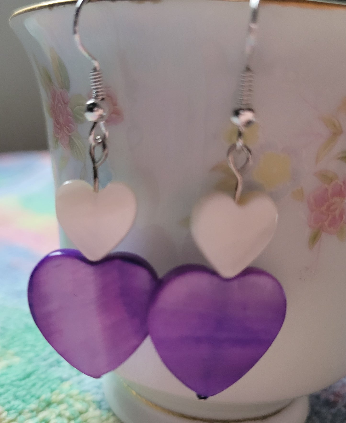 Artisan Purple And White HEART Dangle Drop Earrings OOAK 💜