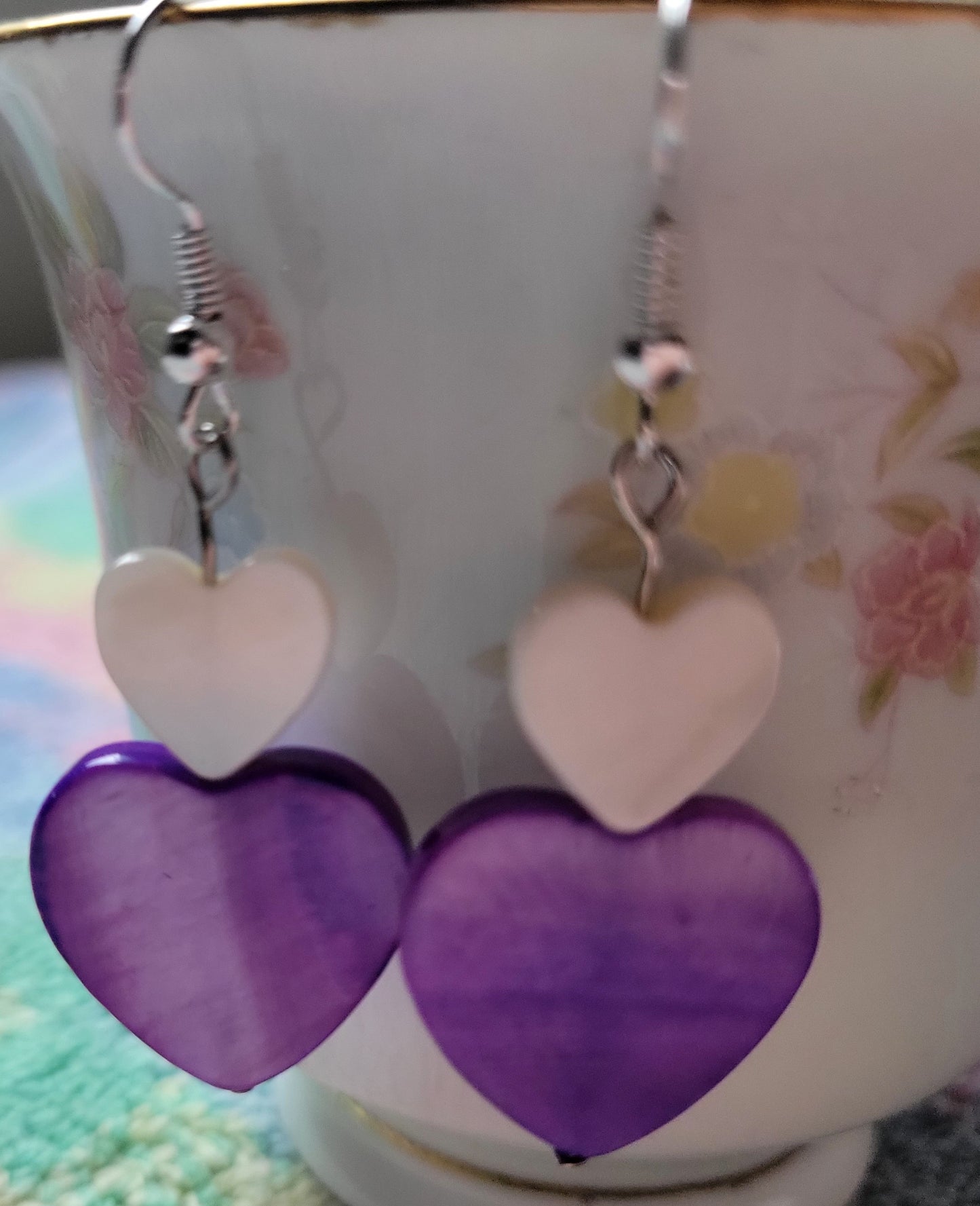 Artisan Purple And White HEART Dangle Drop Earrings OOAK 💜