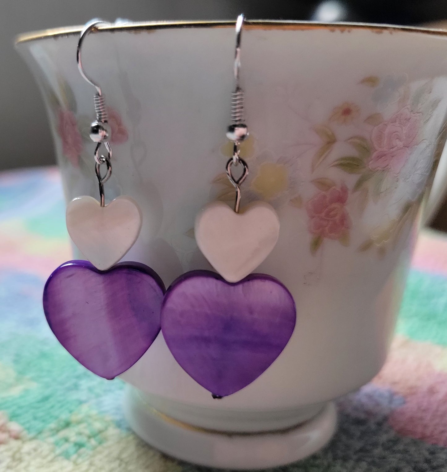 Artisan Purple And White HEART Dangle Drop Earrings OOAK 💜