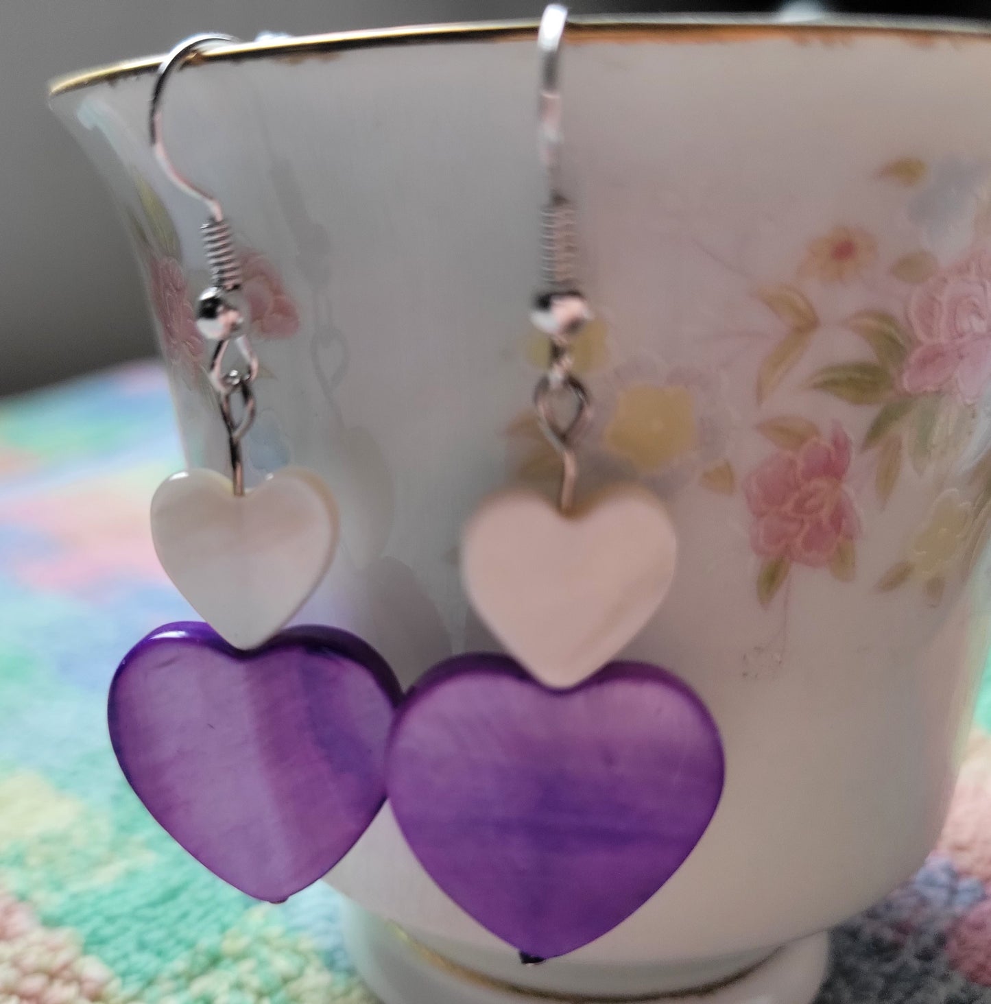 Artisan Purple And White HEART Dangle Drop Earrings OOAK 💜