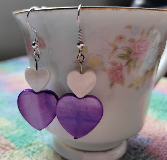 Artisan Purple And White HEART Dangle Drop Earrings OOAK 💜