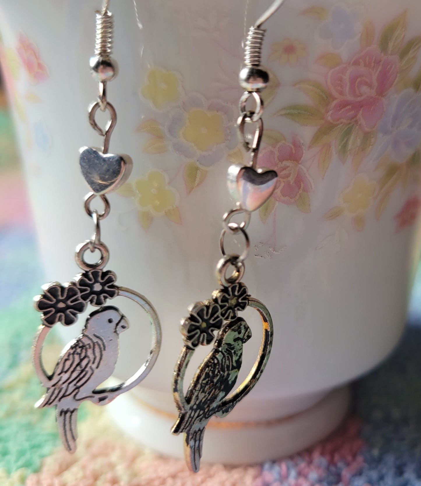 Parrot Puff Heart Dangle Drop French Wire Tibetan Silver Earrings