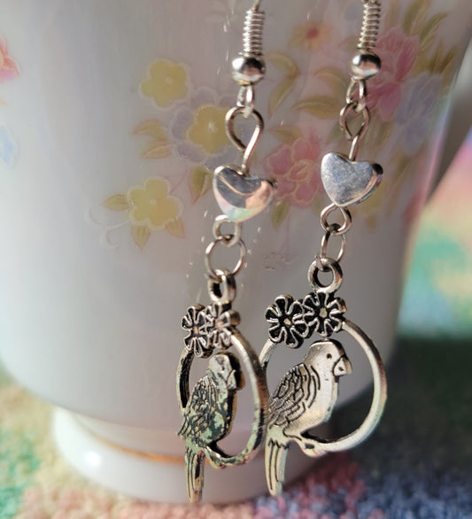 Parrot Puff Heart Dangle Drop French Wire Tibetan Silver Earrings