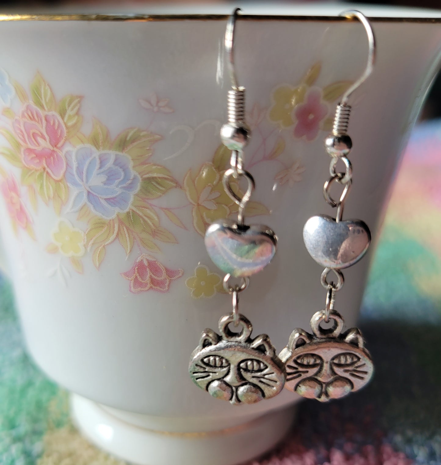 Cat Face Puff Heart Dangle Drop French Wire Tibetan Silver Earrings