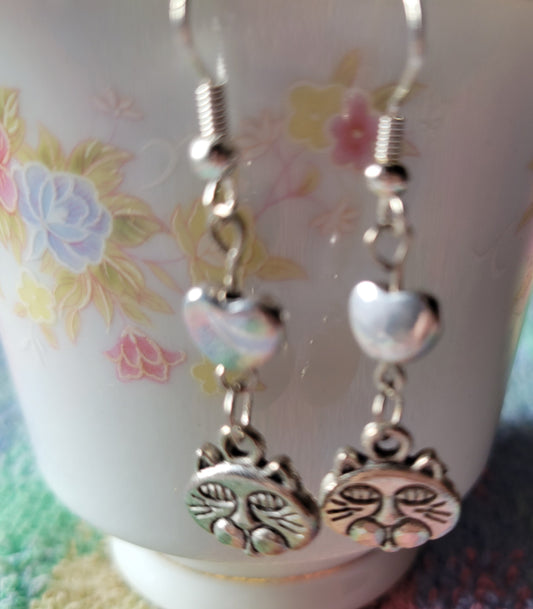 Cat Face Puff Heart Dangle Drop French Wire Tibetan Silver Earrings