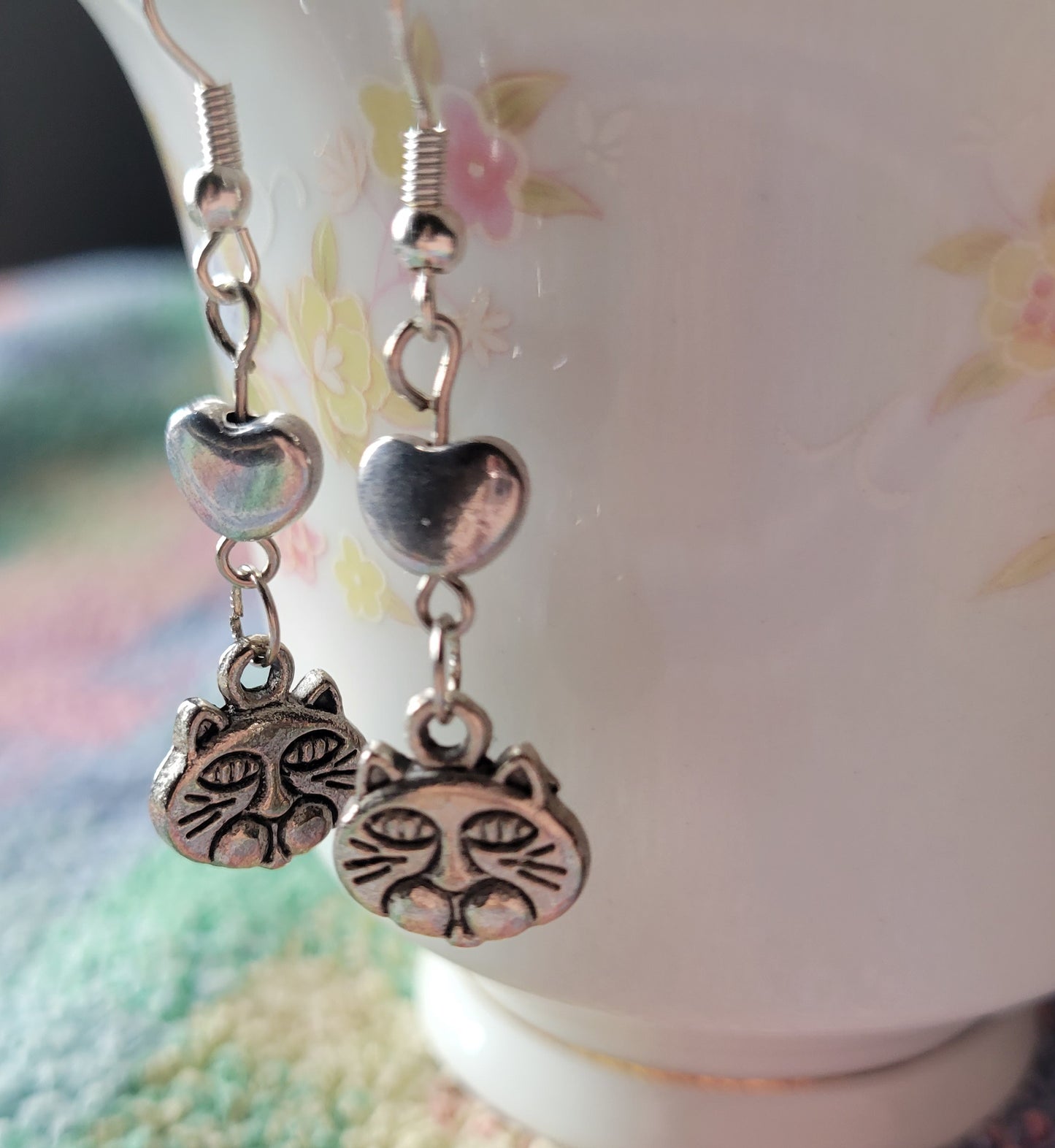 Cat Face Puff Heart Dangle Drop French Wire Tibetan Silver Earrings