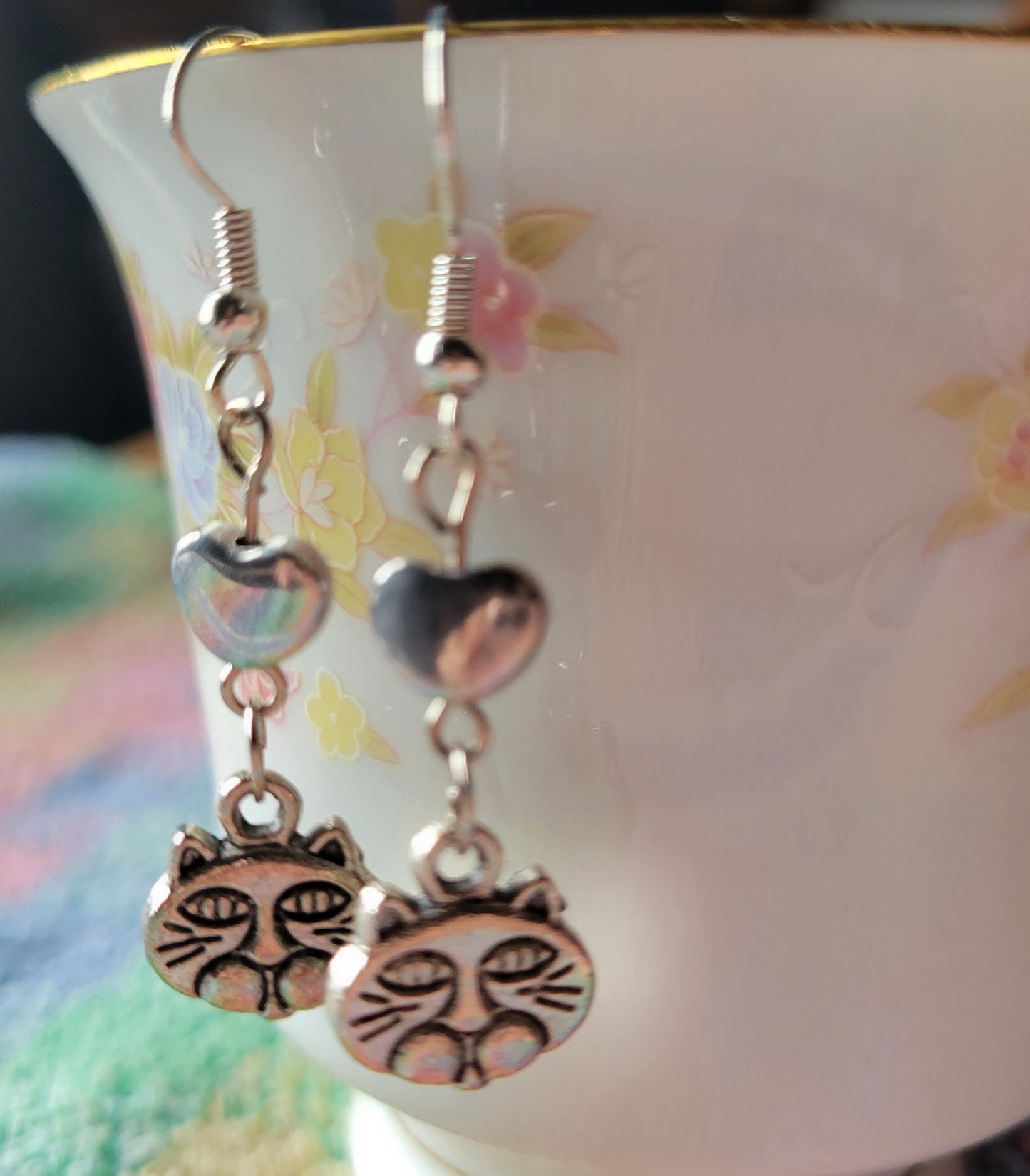 Cat Face Puff Heart Dangle Drop French Wire Tibetan Silver Earrings