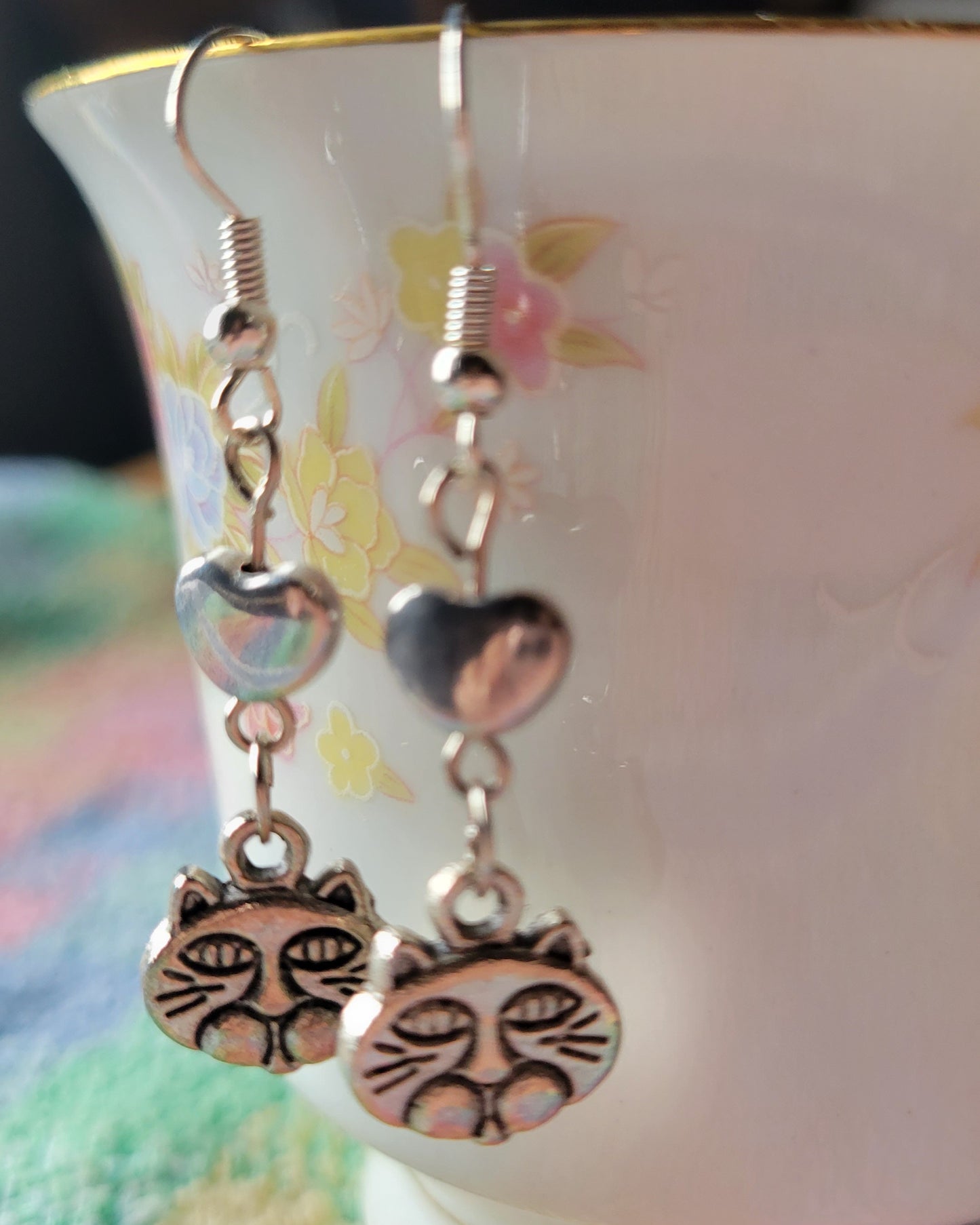 Cat Face Puff Heart Dangle Drop French Wire Tibetan Silver Earrings