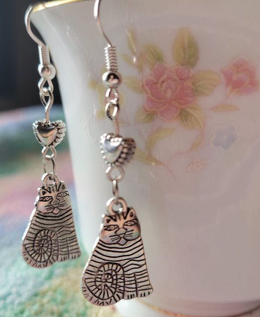 Tabby Cat Puff Heart Dangle Drop French Wire Tibetan Silver Earrings