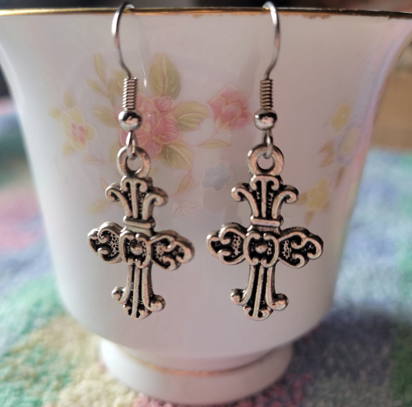 Pretty Decorative CROSS Dangle Drop Pierced Earrings Tibetan Silver