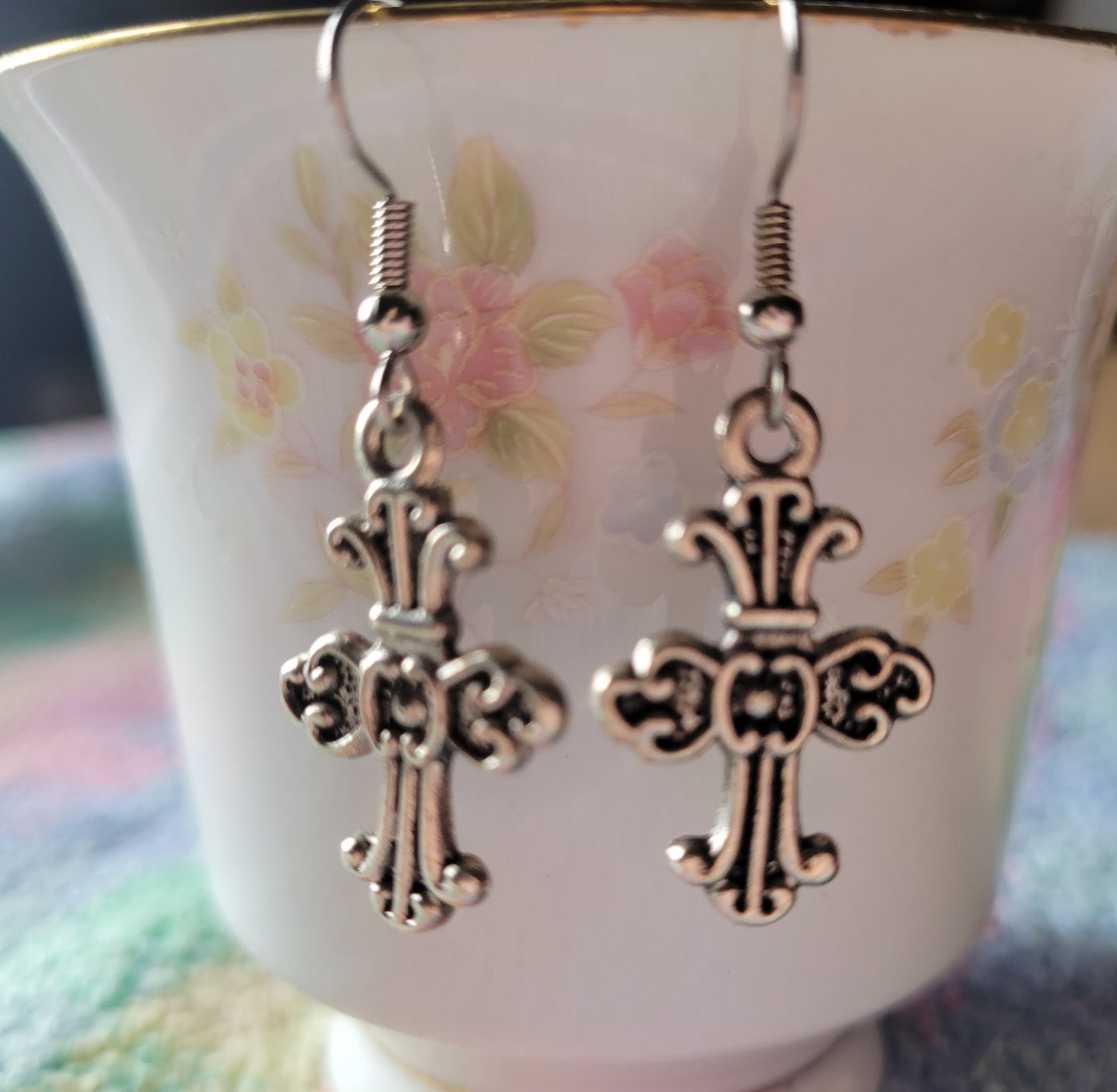 Pretty Decorative CROSS Dangle Drop Pierced Earrings Tibetan Silver