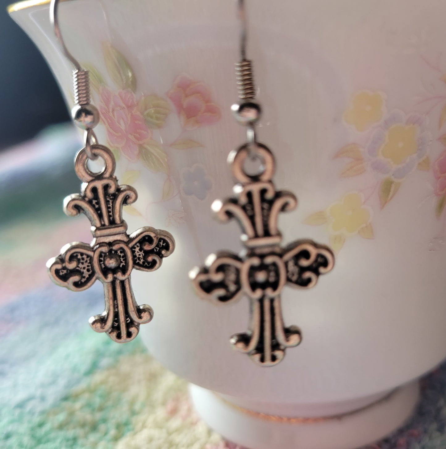 Pretty Decorative CROSS Dangle Drop Pierced Earrings Tibetan Silver