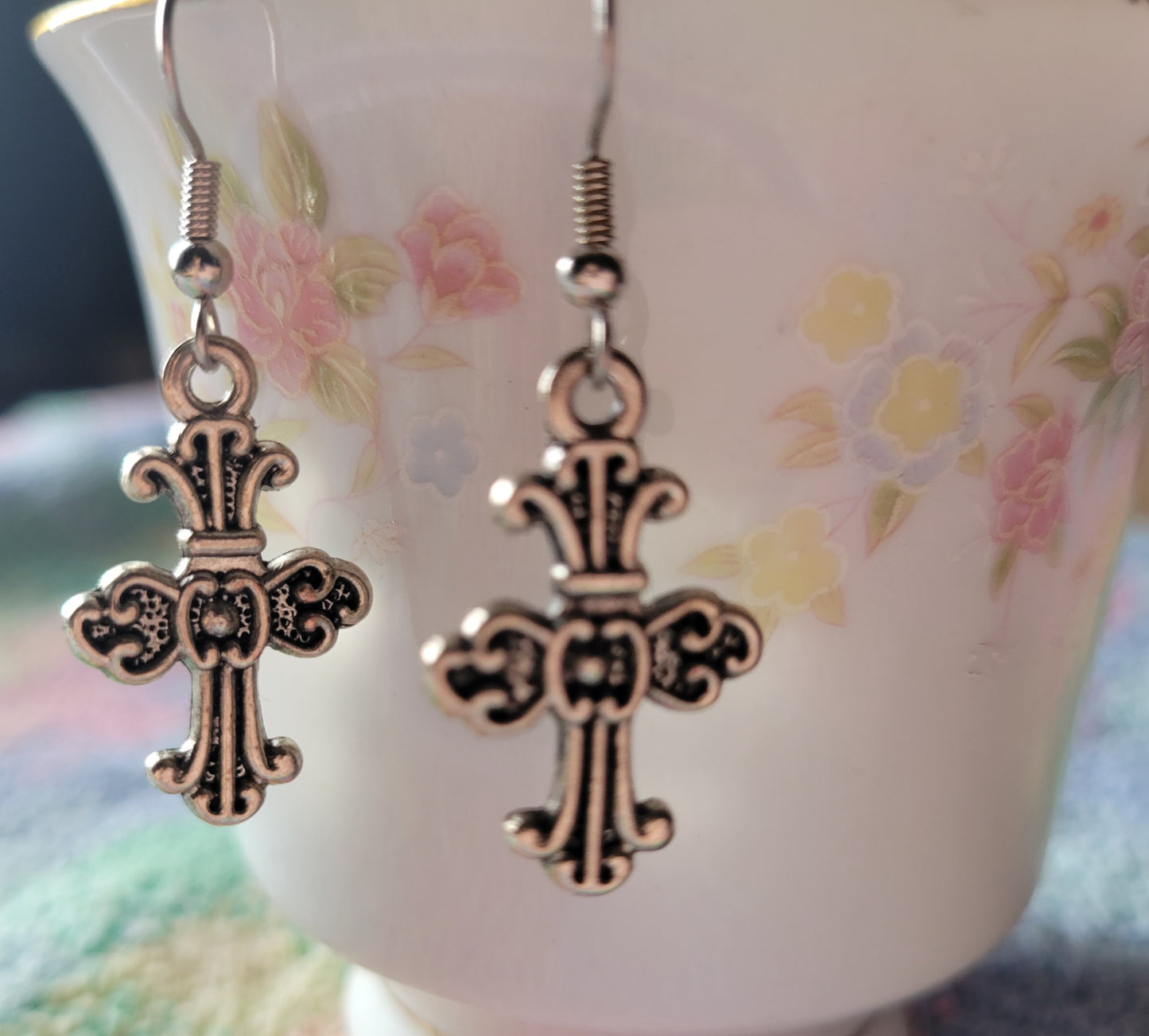 Pretty Decorative CROSS Dangle Drop Pierced Earrings Tibetan Silver