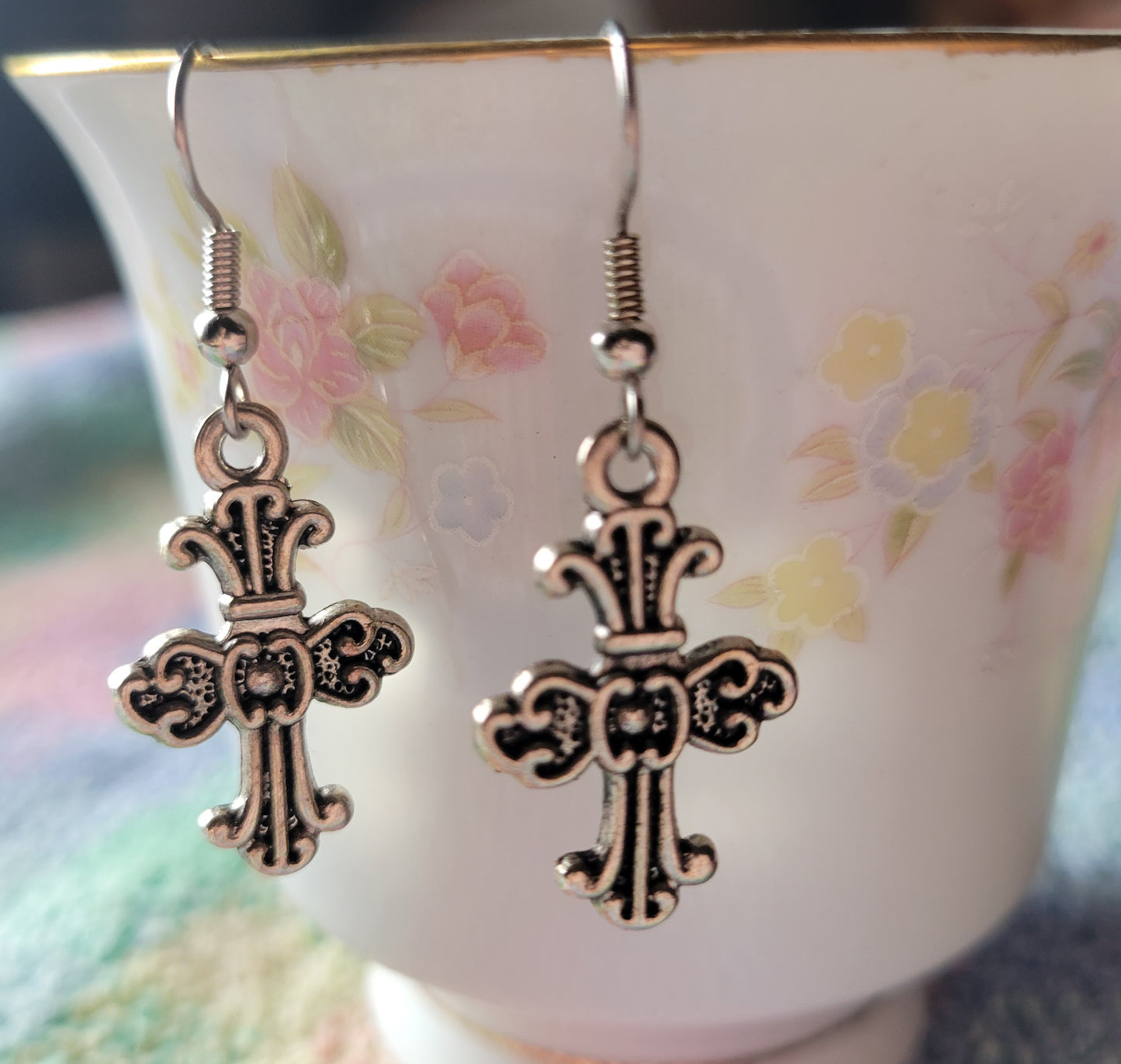 Pretty Decorative CROSS Dangle Drop Pierced Earrings Tibetan Silver