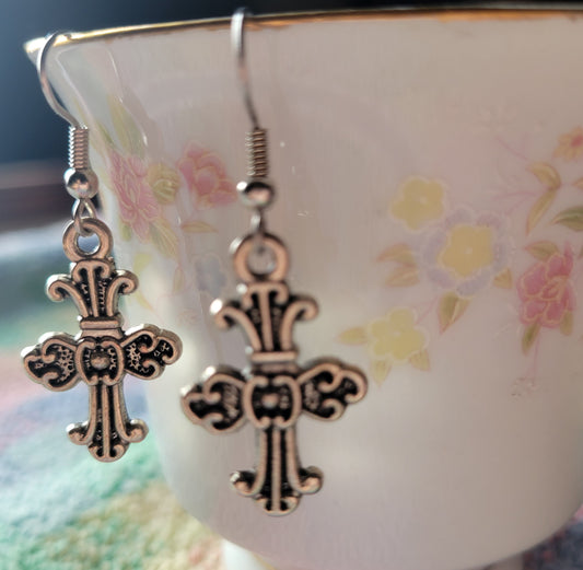 Pretty Decorative CROSS Dangle Drop Pierced Earrings Tibetan Silver