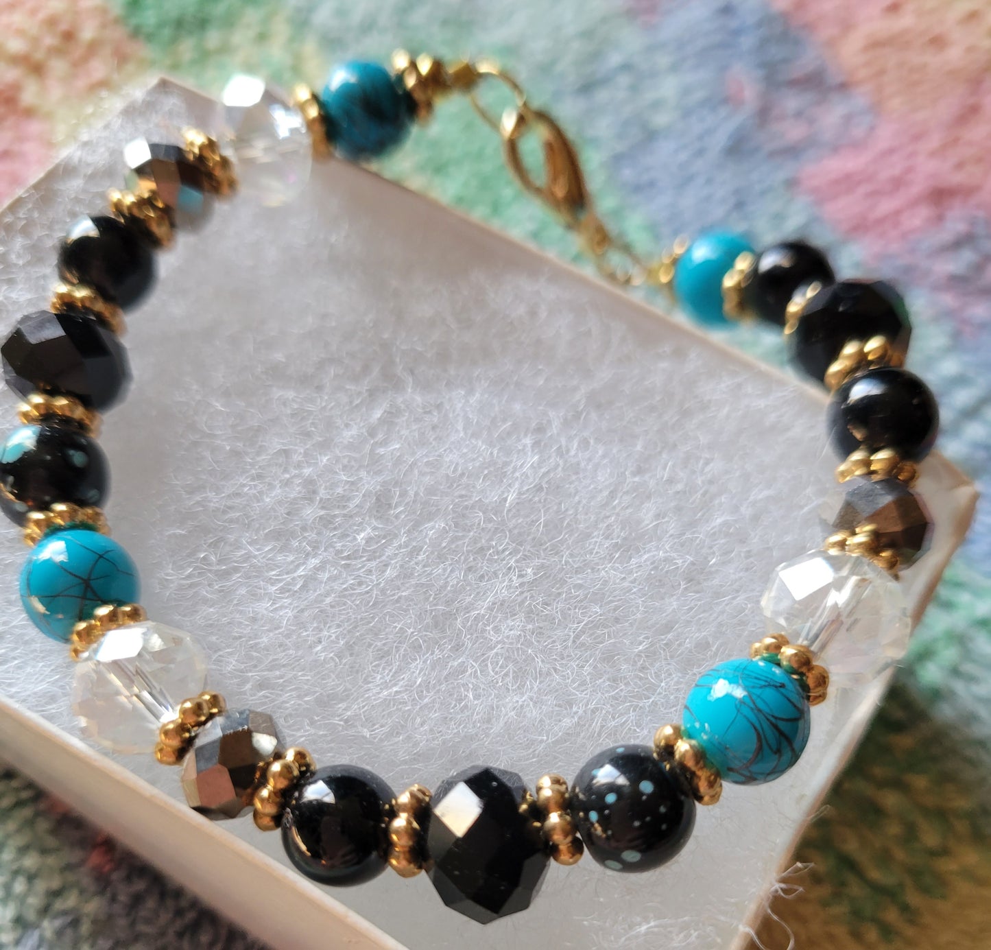 Black & Turquoise Crystal Boho Gypsy Womens Bracelet Lobster Clasp
