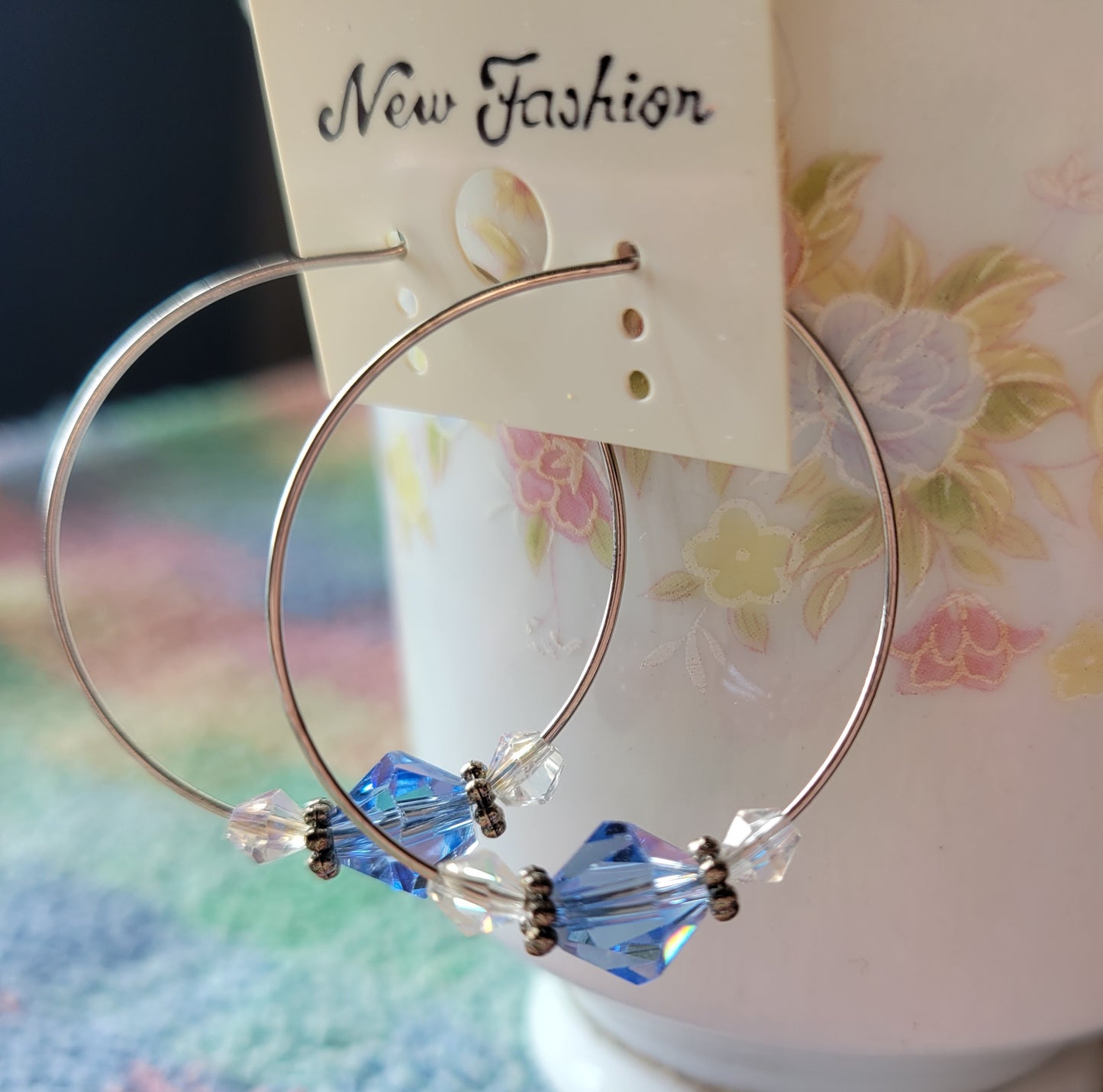 Pretty Light Blue Crystal Silver Tone Hoop Beaded Fashion Earrings