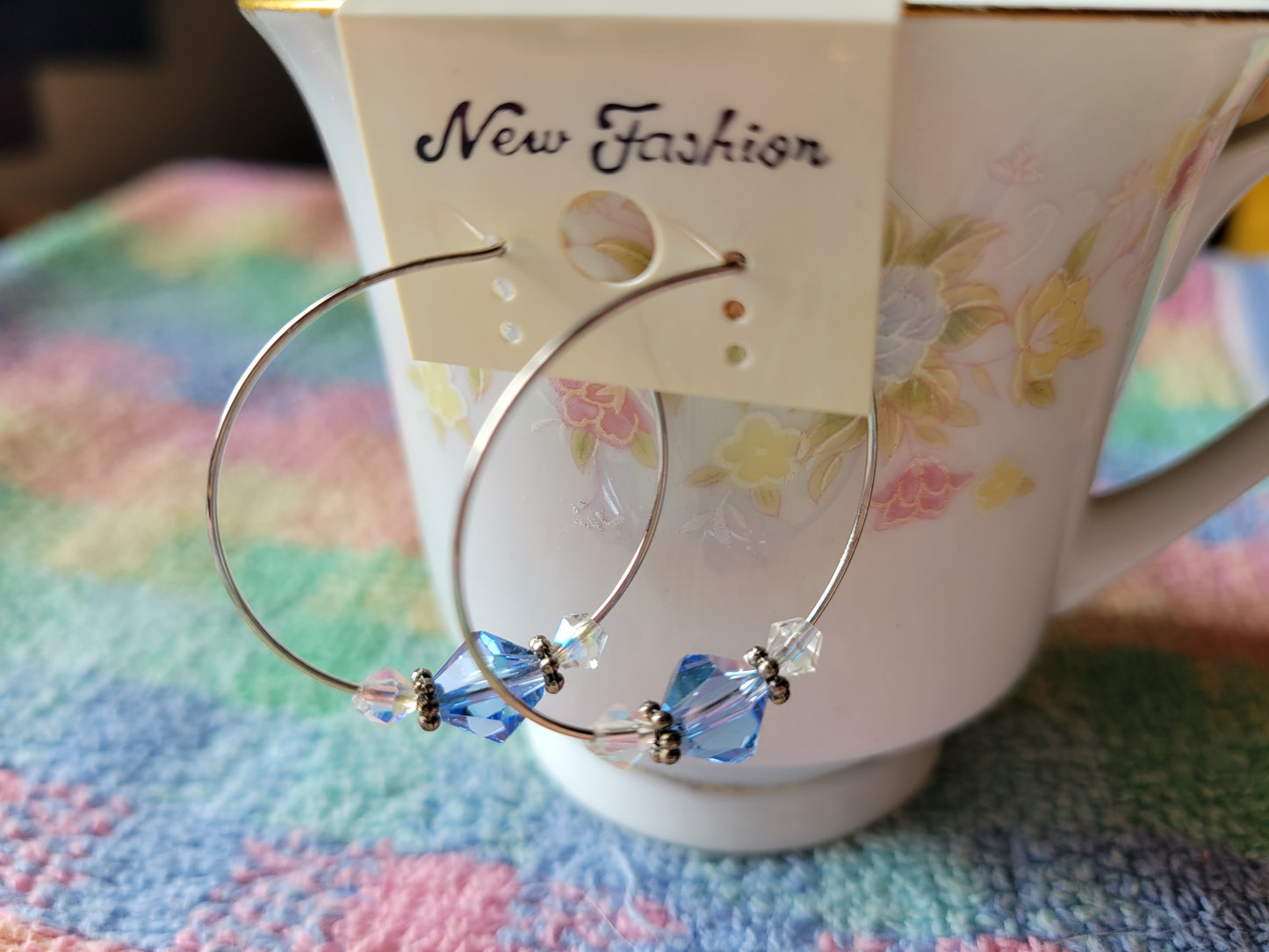 Pretty Light Blue Crystal Silver Tone Hoop Beaded Fashion Earrings