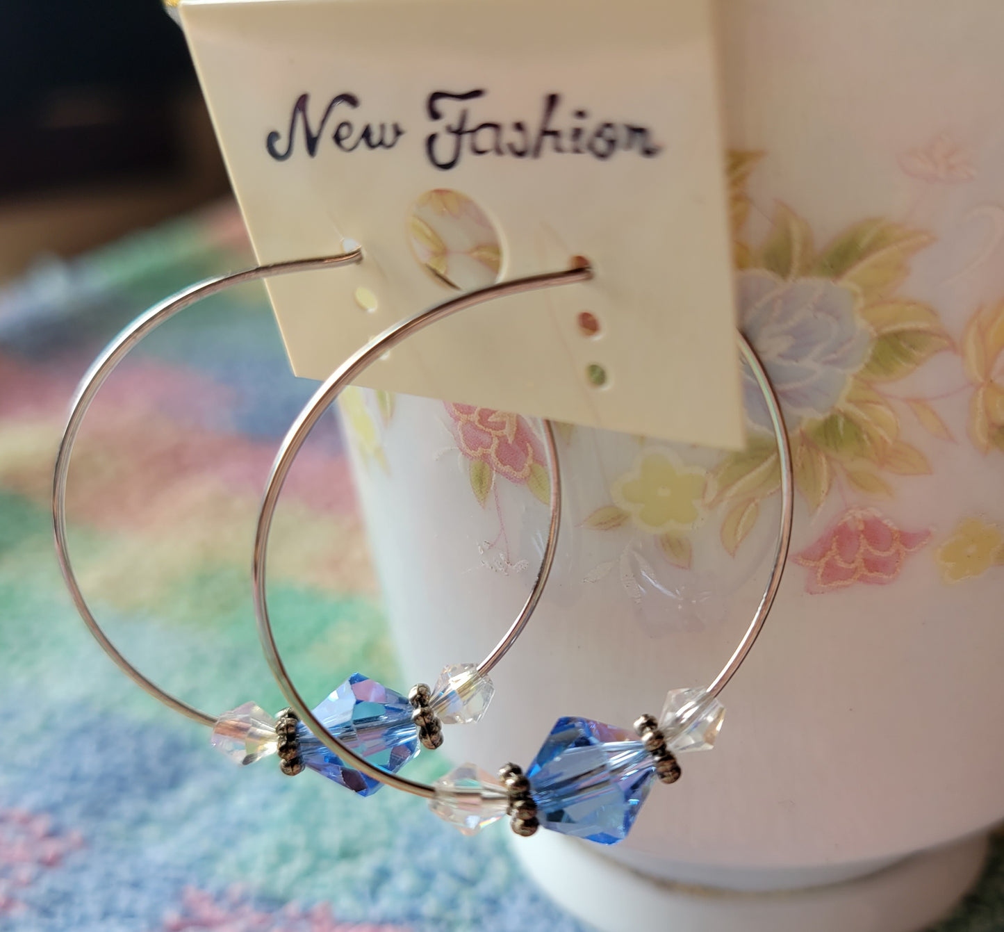 Pretty Light Blue Crystal Silver Tone Hoop Beaded Fashion Earrings