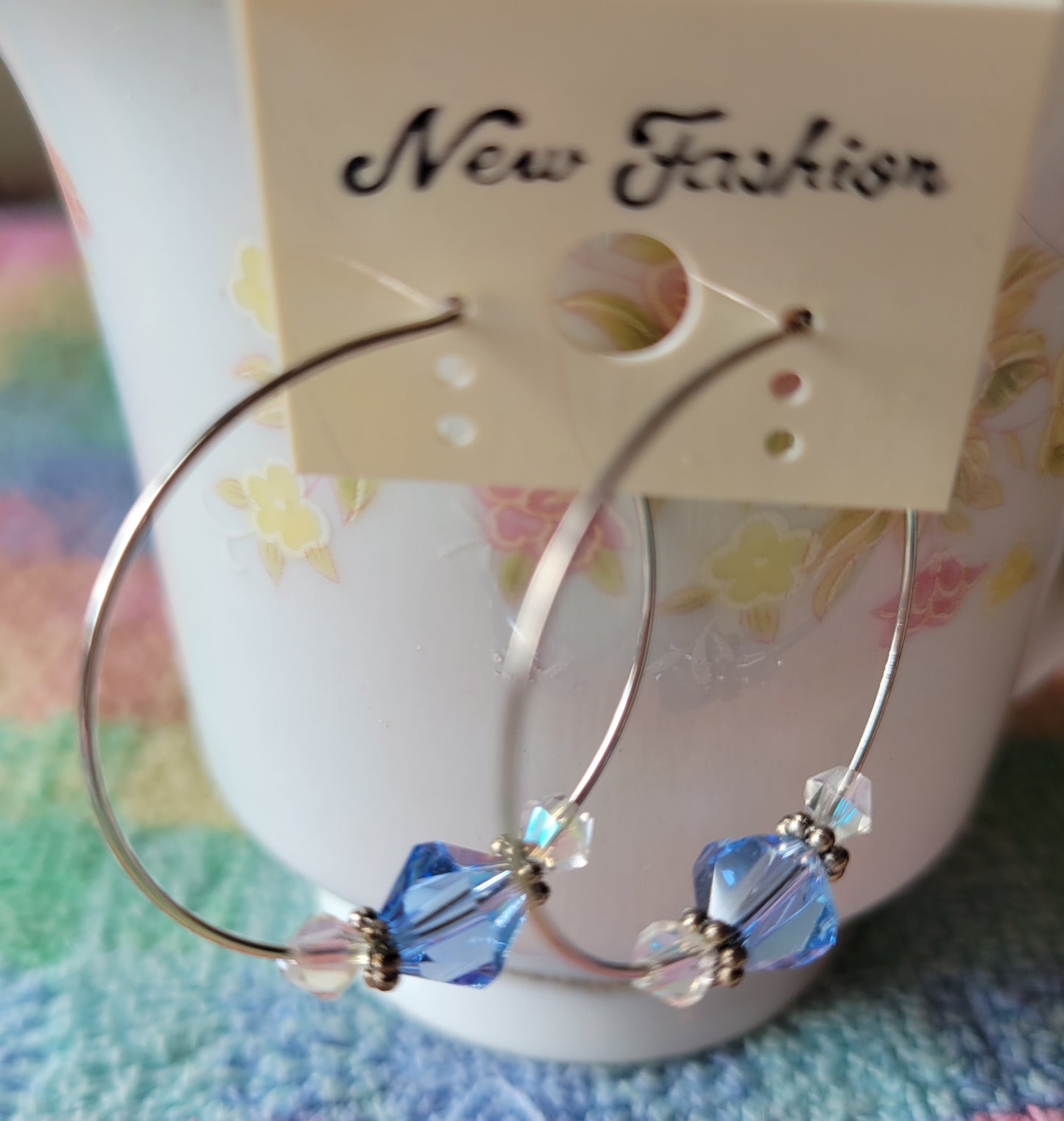 Pretty Light Blue Crystal Silver Tone Hoop Beaded Fashion Earrings