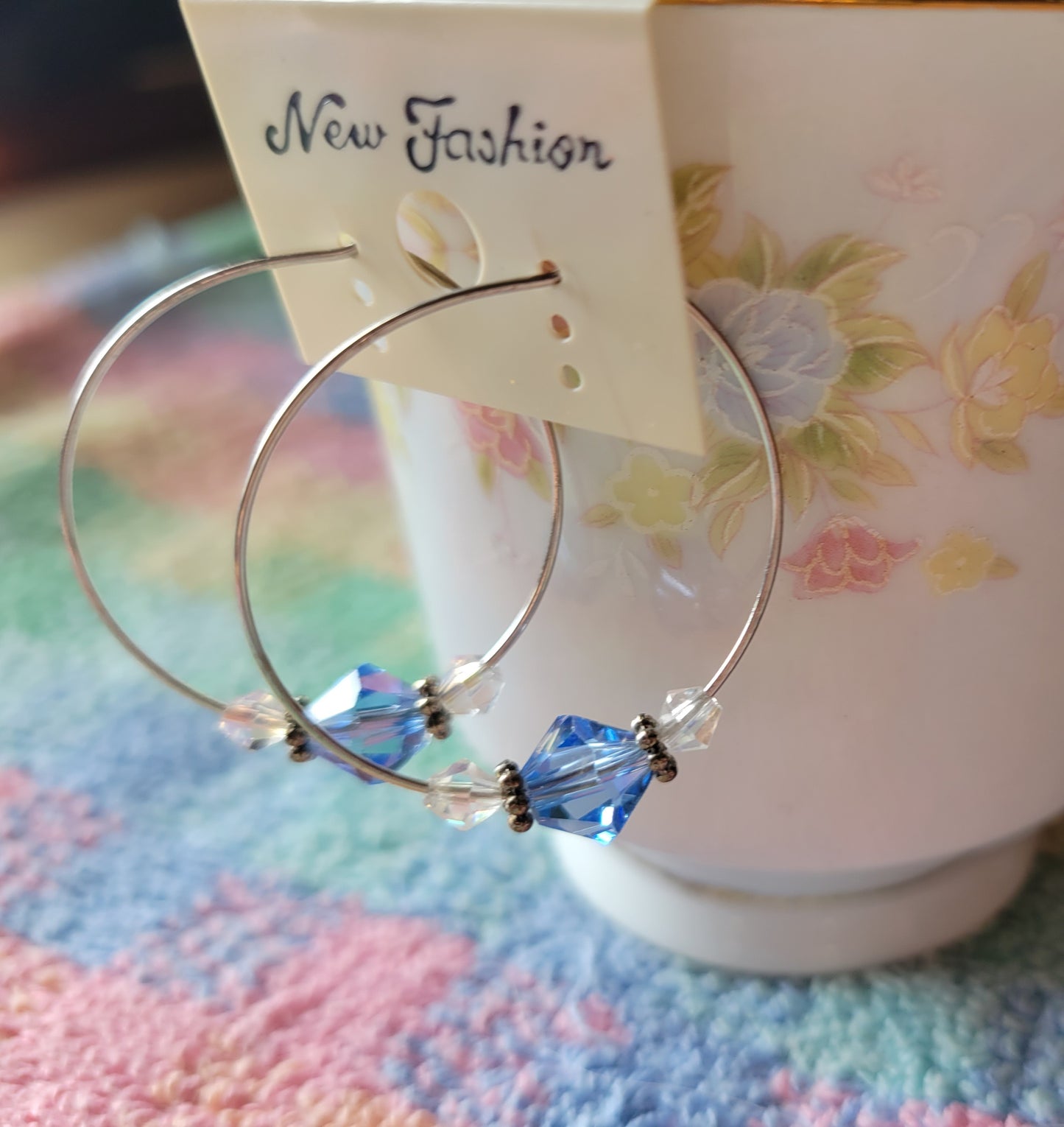 Pretty Light Blue Crystal Silver Tone Hoop Beaded Fashion Earrings