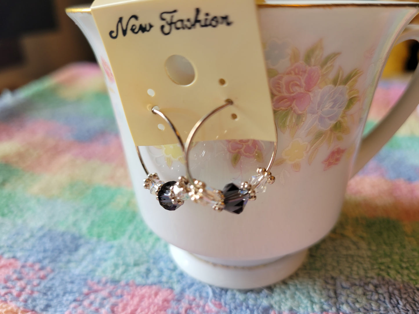Purple Crystal Silver Tone Hoop Beaded Fashion Earrings